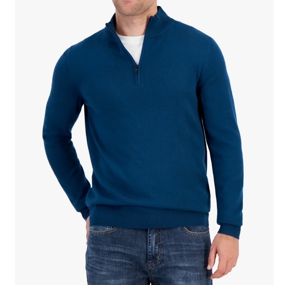 Alfani Men's Long Sleeve Half Zip Merino Sweater Dark Kale Blue